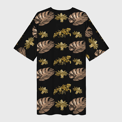 Женская длинная футболка Цветы и листья на черном фоне / 3D-принт – фото 2