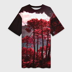 Футболка женская длинная Абстрактные красные деревья и облака, цвет: 3D-принт
