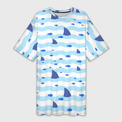 Женская длинная футболка Волны, рыбки и плавники акул - паттерн