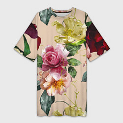 Женская длинная футболка Цветы Нарисованные Красные Розы и Лилии