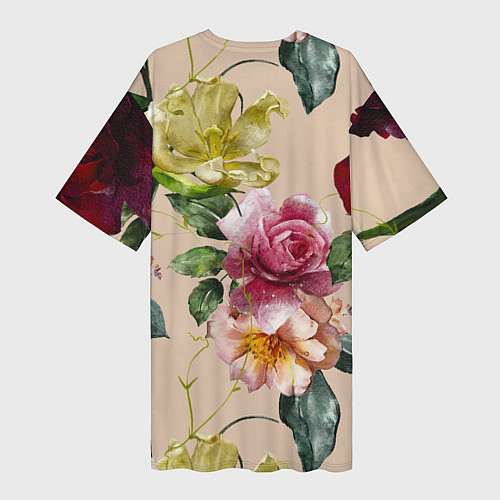 Женская длинная футболка Цветы Нарисованные Красные Розы и Лилии / 3D-принт – фото 2