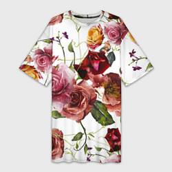Женская длинная футболка Цветы Нарисованные Красные и Розовые Розы