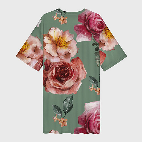 Женская длинная футболка Цветы Нарисованные Розы и Пионы / 3D-принт – фото 2