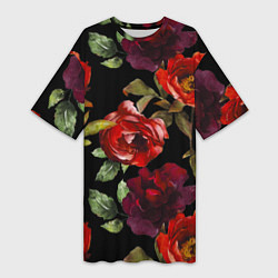 Женская длинная футболка Цветы Нарисованные Розы На Чёрном Фоне