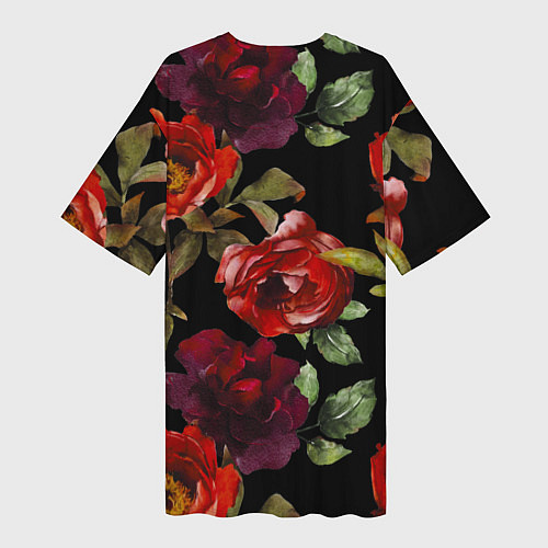 Женская длинная футболка Цветы Нарисованные Розы На Чёрном Фоне / 3D-принт – фото 2