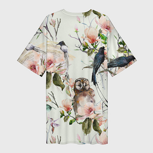 Женская длинная футболка Цветы Нарисованные Магнолии и Птицы / 3D-принт – фото 2
