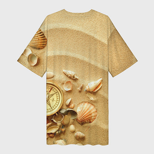 Женская длинная футболка Композиция из ракушек и компаса на песке / 3D-принт – фото 2