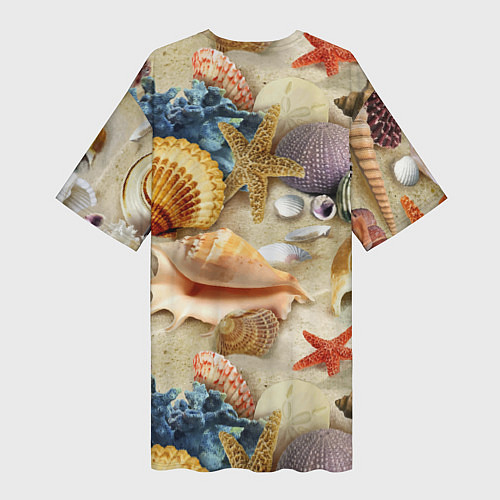 Женская длинная футболка Морские раковины, кораллы, морские звёзды на песке / 3D-принт – фото 2