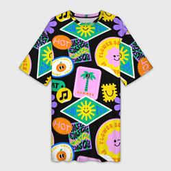 Женская длинная футболка Летние наклейки pop-art паттерн