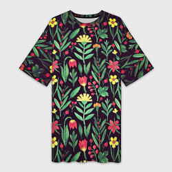 Женская длинная футболка Цветочный акварельный паттерн