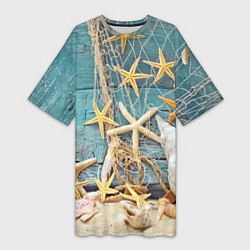 Женская длинная футболка Натюрморт из сети, морских звёзд и ракушек - лето