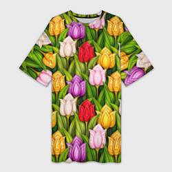 Женская длинная футболка Объемные разноцветные тюльпаны