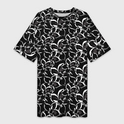 Женская длинная футболка Черно-белый цветочный узор