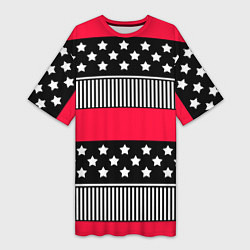 Женская длинная футболка Red and black pattern with stripes and stars