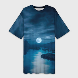 Женская длинная футболка Пейзаж озера, берега и луны - Dear Esther