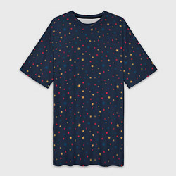 Женская длинная футболка Золотые, красные, синие звезды на темно синем