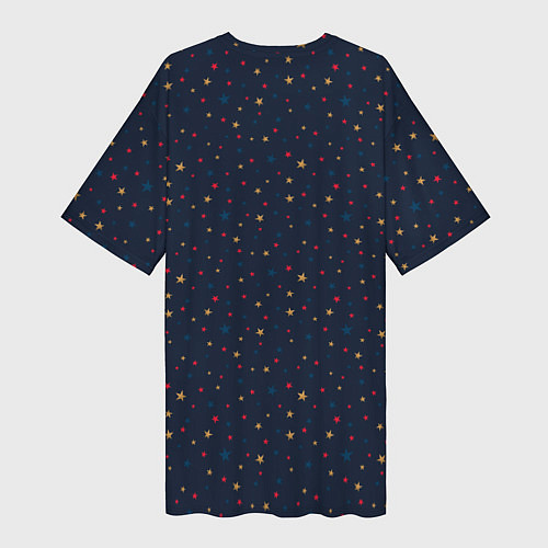 Женская длинная футболка Золотые, красные, синие звезды на темно синем / 3D-принт – фото 2
