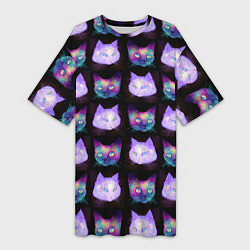 Футболка женская длинная Неоновые кошачьи морды, цвет: 3D-принт