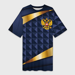 Футболка женская длинная Золотой герб России на объемном синим фоне, цвет: 3D-принт