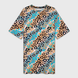 Женская длинная футболка Леопардовый узор на синих, бежевых диагональных по