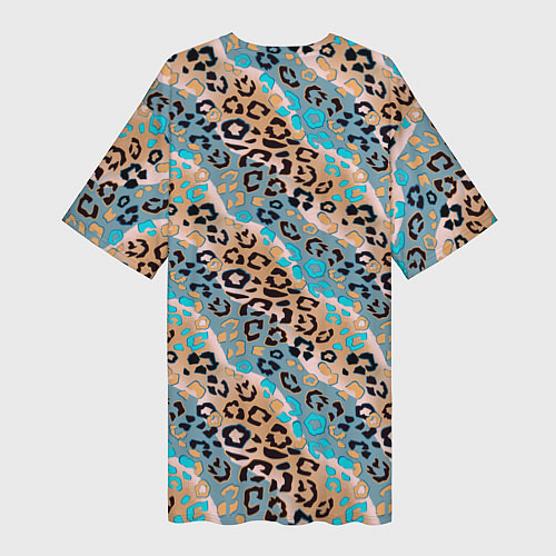 Женская длинная футболка Леопардовый узор на синих, бежевых диагональных по / 3D-принт – фото 2