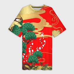 Женская длинная футболка Японский пейзаж на красном