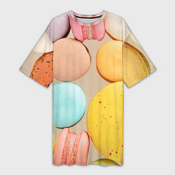 Футболка женская длинная Разноцветные пирожные Макарон, цвет: 3D-принт