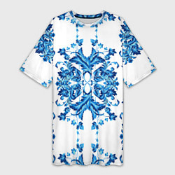 Женская длинная футболка Гжель синие цветы