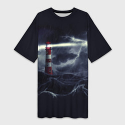 Женская длинная футболка Маяк и штормовое море в ночи