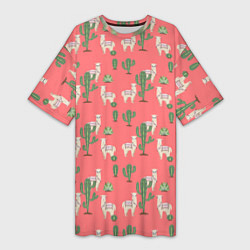 Женская длинная футболка Три забавных альпака среди кактусов