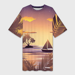 Женская длинная футболка Лодка в море на закате возле тропических островов
