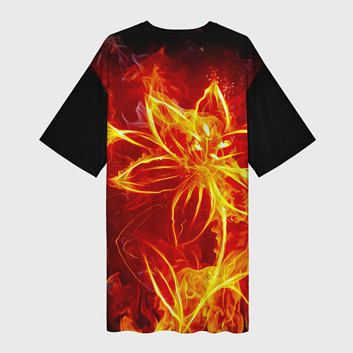 Женская длинная футболка Цветок из огня на чёрном фоне / 3D-принт – фото 2