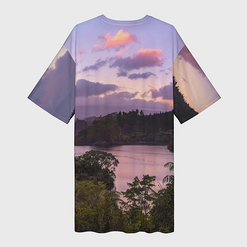 Женская длинная футболка Пейзаж вечерней реки и леса / 3D-принт – фото 2