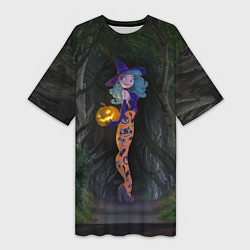 Женская длинная футболка Ведьма с тыквой и в крутых колготках - Halloween