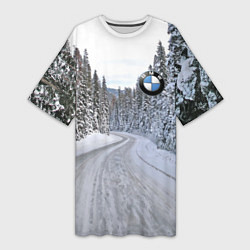 Футболка женская длинная BMW - зимняя дорога через лес, цвет: 3D-принт