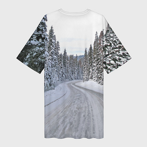 Женская длинная футболка BMW - зимняя дорога через лес / 3D-принт – фото 2