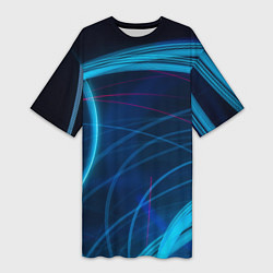 Женская длинная футболка Синие абстрактные линии в темноте