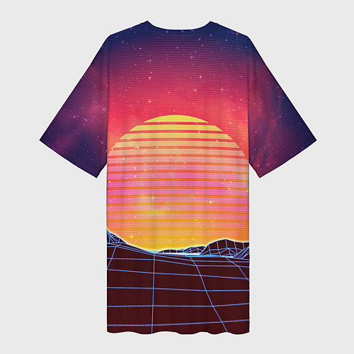 Женская длинная футболка Абстрактные 3D неоновые горы на закате / 3D-принт – фото 2