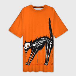Женская длинная футболка Котик скелетик - Хеллоуин
