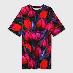 Женская длинная футболка Тюльпаны - поле красных цветов