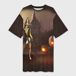 Женская длинная футболка Ведьма с метлой и тремя тыквами возле старого дома