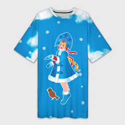 Женская длинная футболка Снегурочка и снежинки