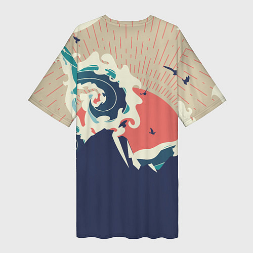 Женская длинная футболка Большая океанская волна и силуэт пустынного остров / 3D-принт – фото 2