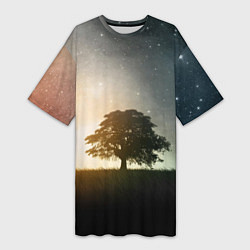 Футболка женская длинная Раскидистое дерево на фоне звёздного неба, цвет: 3D-принт