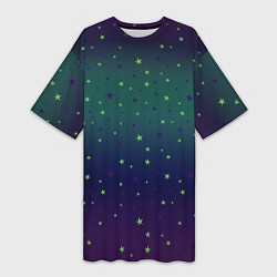 Женская длинная футболка Неоновые зеленые и сиреневые звезды на темно зелен