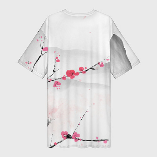 Женская длинная футболка Японский пейзаж, начало весны / 3D-принт – фото 2