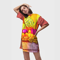 Футболка женская длинная Спелые фрукты и овощи в плетеной корзине, цвет: 3D-принт — фото 2