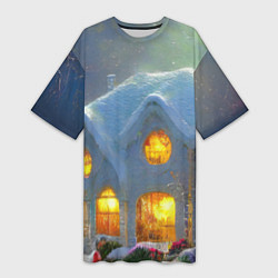 Женская длинная футболка Сказочный зимний домик, покрытый снегом