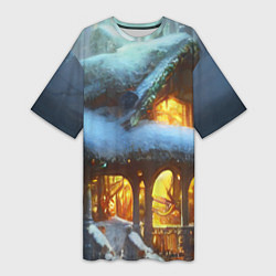 Женская длинная футболка Новогодний коттедж с гирляндами в заснеженном лесу