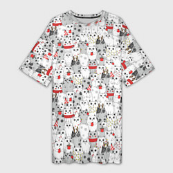 Женская длинная футболка Новогодний паттерн с котиками